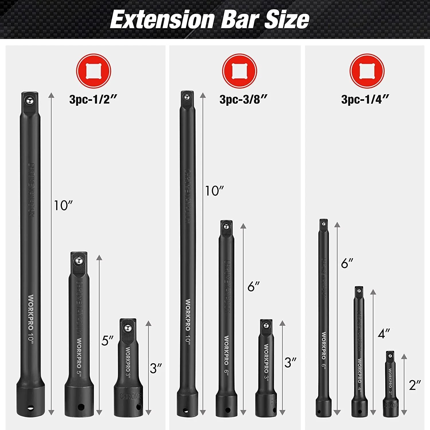 Workpro Impact Socket Driver Extension Bar Set 1/4" 3/8" 1/2 Drive