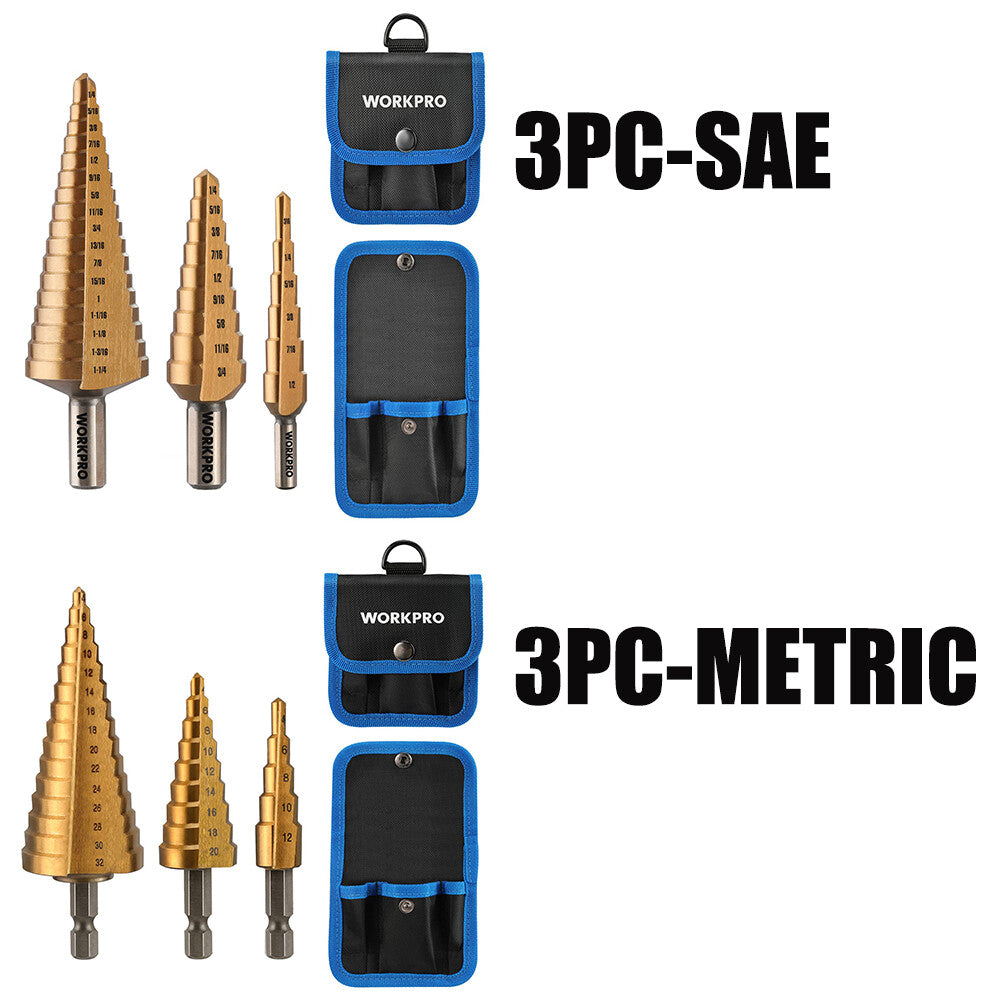 WORKPRO 3-PC Step Drill Bit Set Well-Organized Bag Included Metric/SAE Titanium