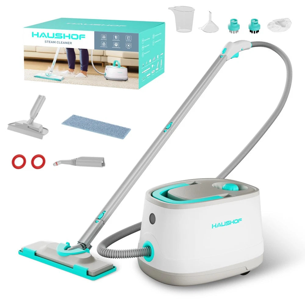 HAUSHOF 1500W Portable Steam Cleaner w/16 Accessories 1.5L Large Tank and Wheels