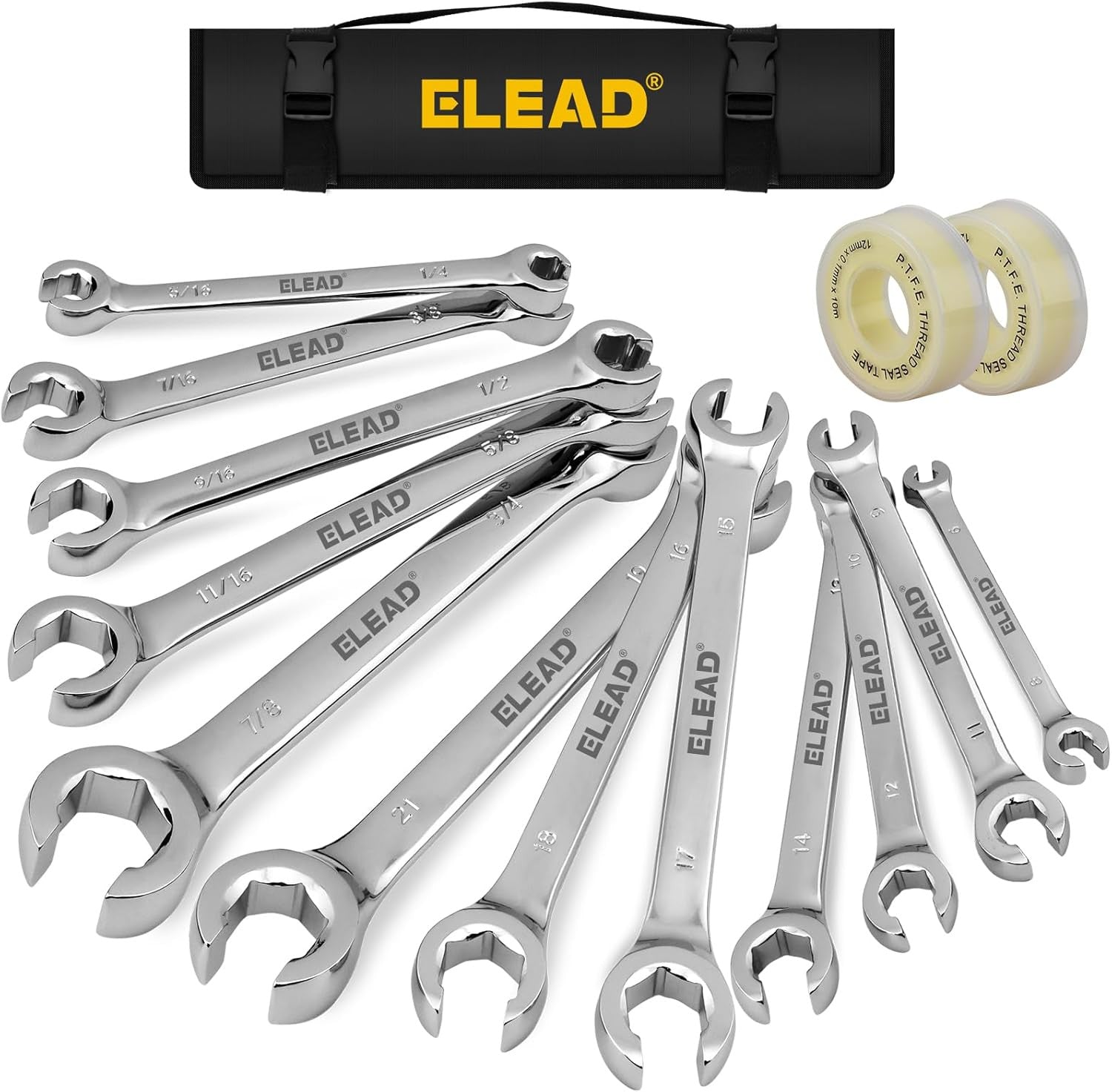 14-Piece Flare Nut Wrench Set with PTFE Tape, Metric & SAE 1/4"-7/8"&