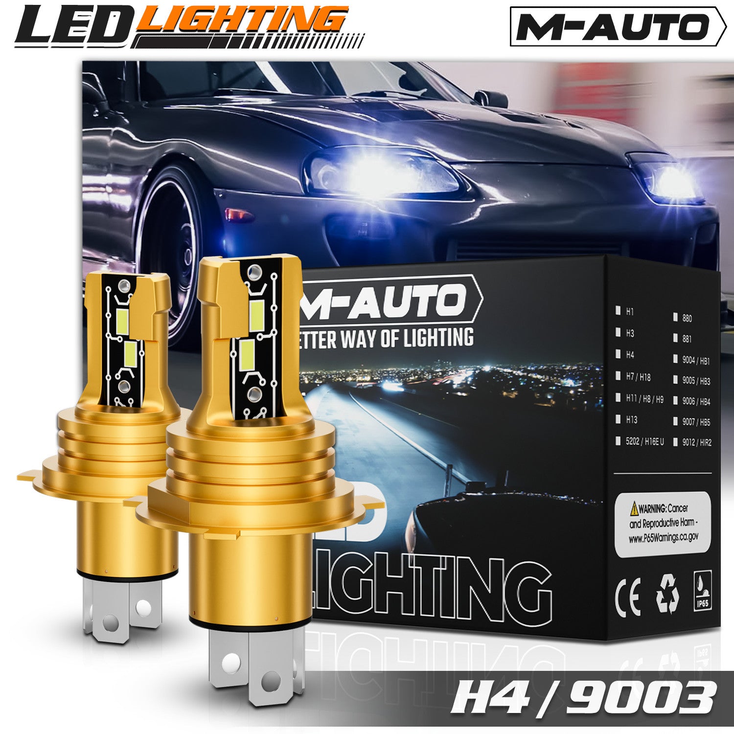 2PC H4 6500K White LED Headlight Bulb Kit