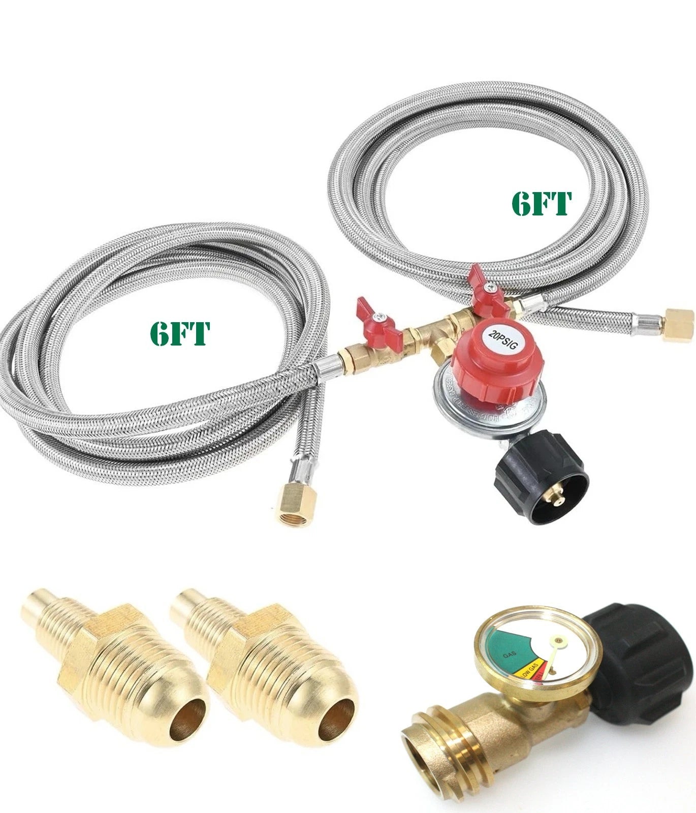 20PSI Adjustable Lp Propane Regulator Gauge & 12' Y Splitter Double