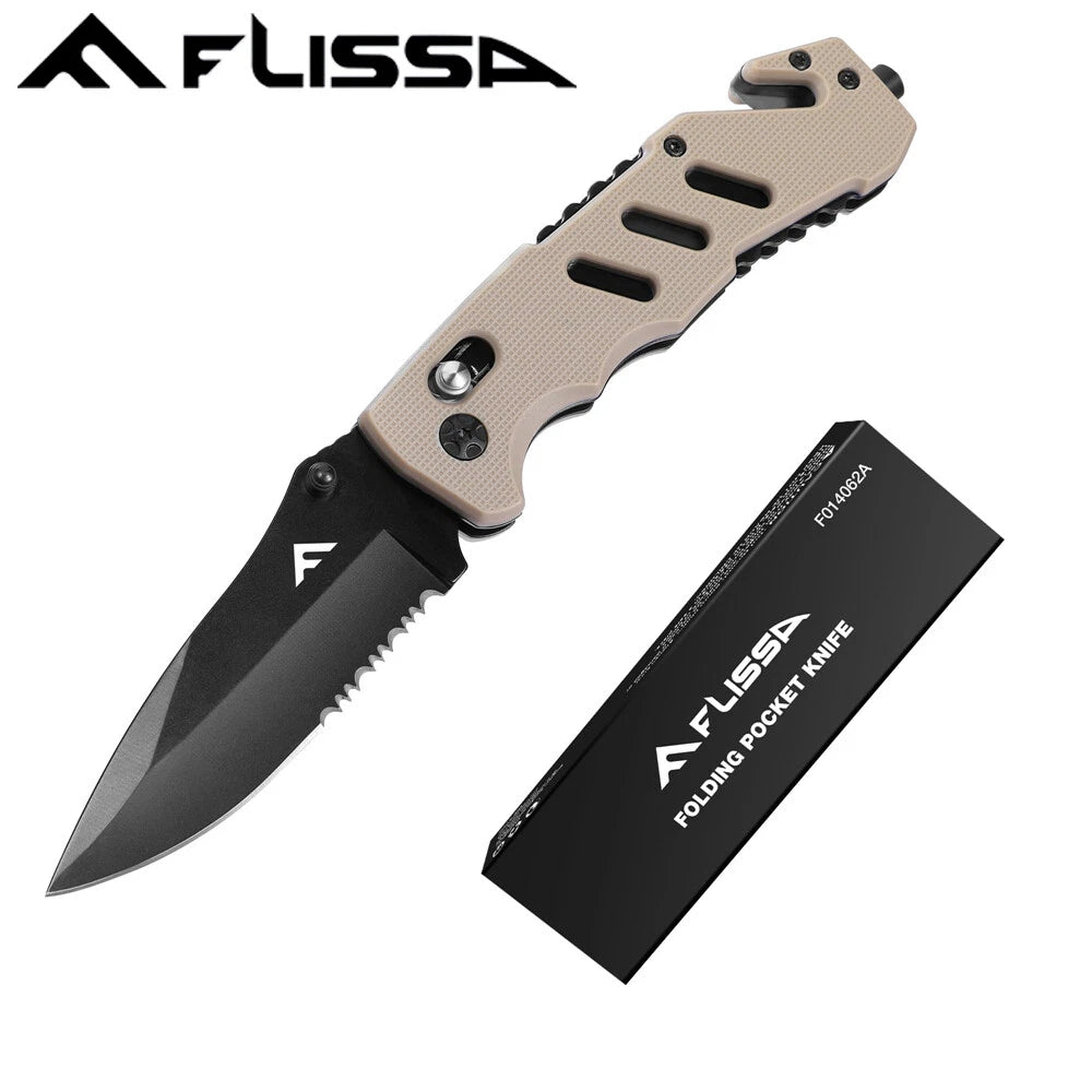 Flissa Stainless Steel Folding Pocket Knife W/seatbelt Cutters And
