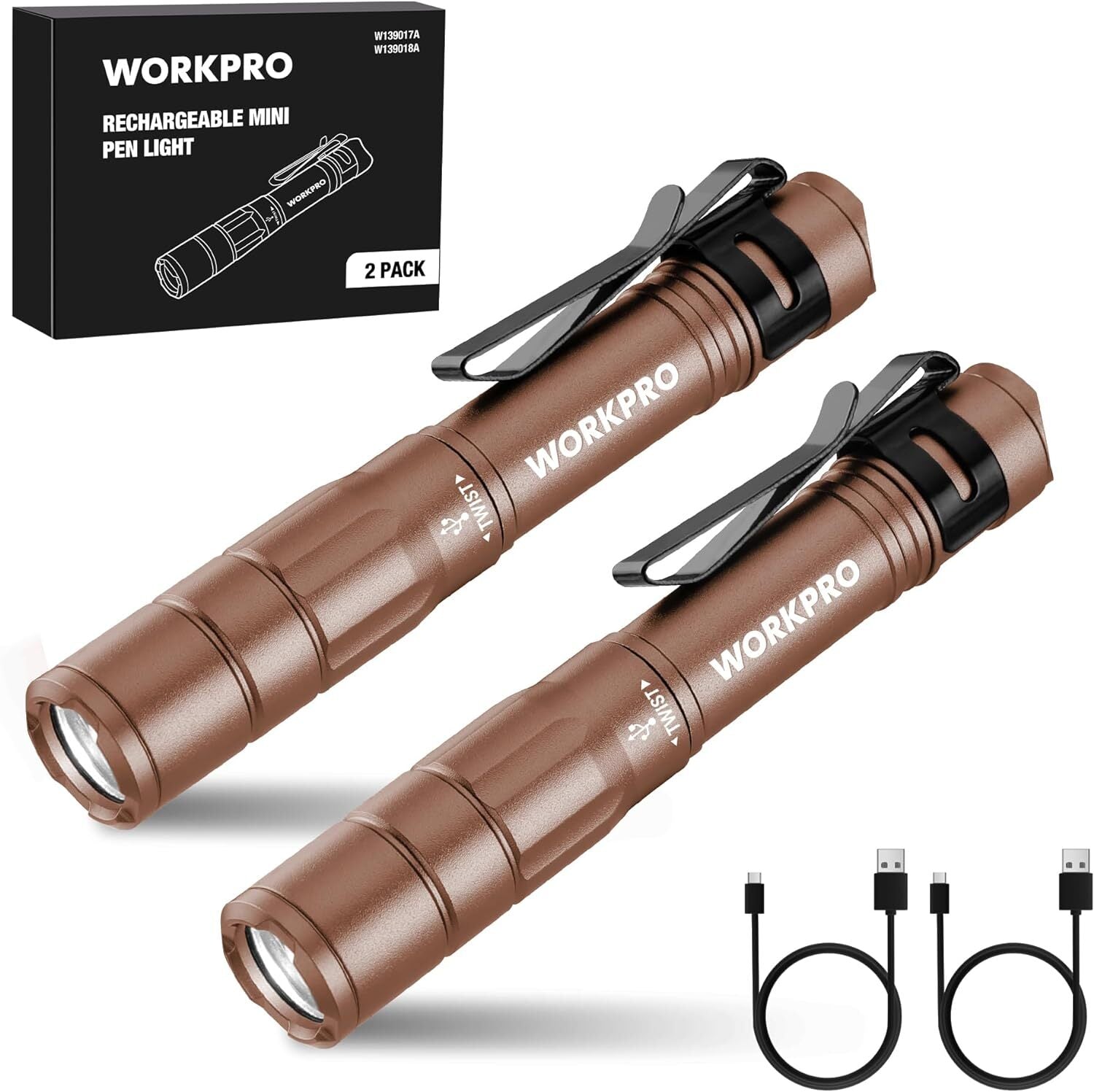 WORKPRO Rechargeable Pen Light Mini Flashlight 2Pk Ultra-Compact EDC Flashlight