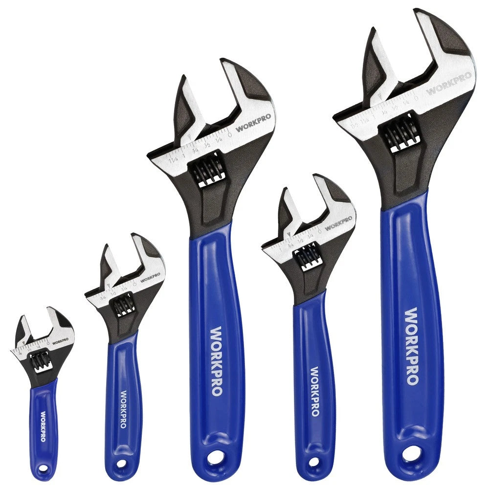 WORKPRO 5PCS 4" 6" 8" 10" 12" Adjustable Wrench Set Wide Jaw Metric &amp; SAE Scales