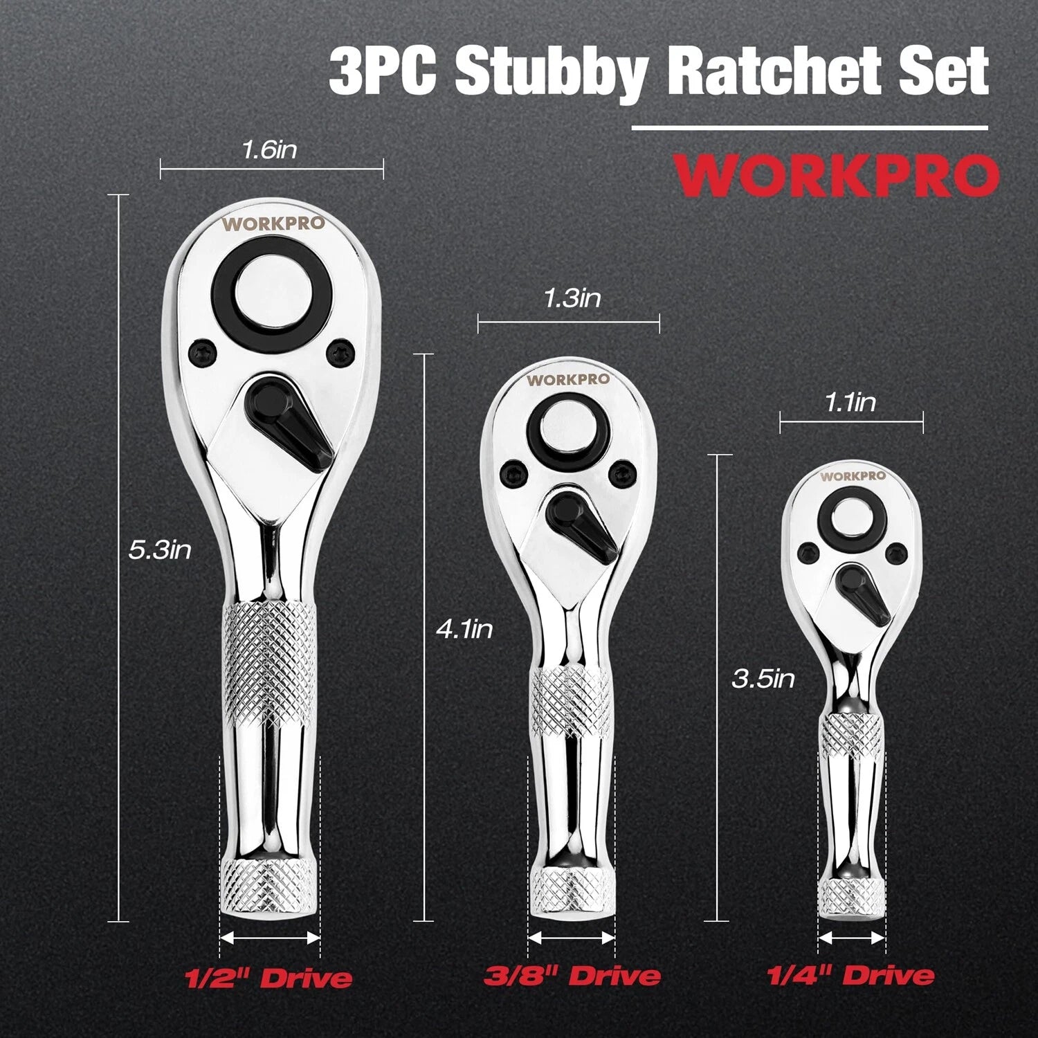 Workpro Stubby Ratchet Set Quick Release 1/4" 3/8" 1/2" Drive Ratchet