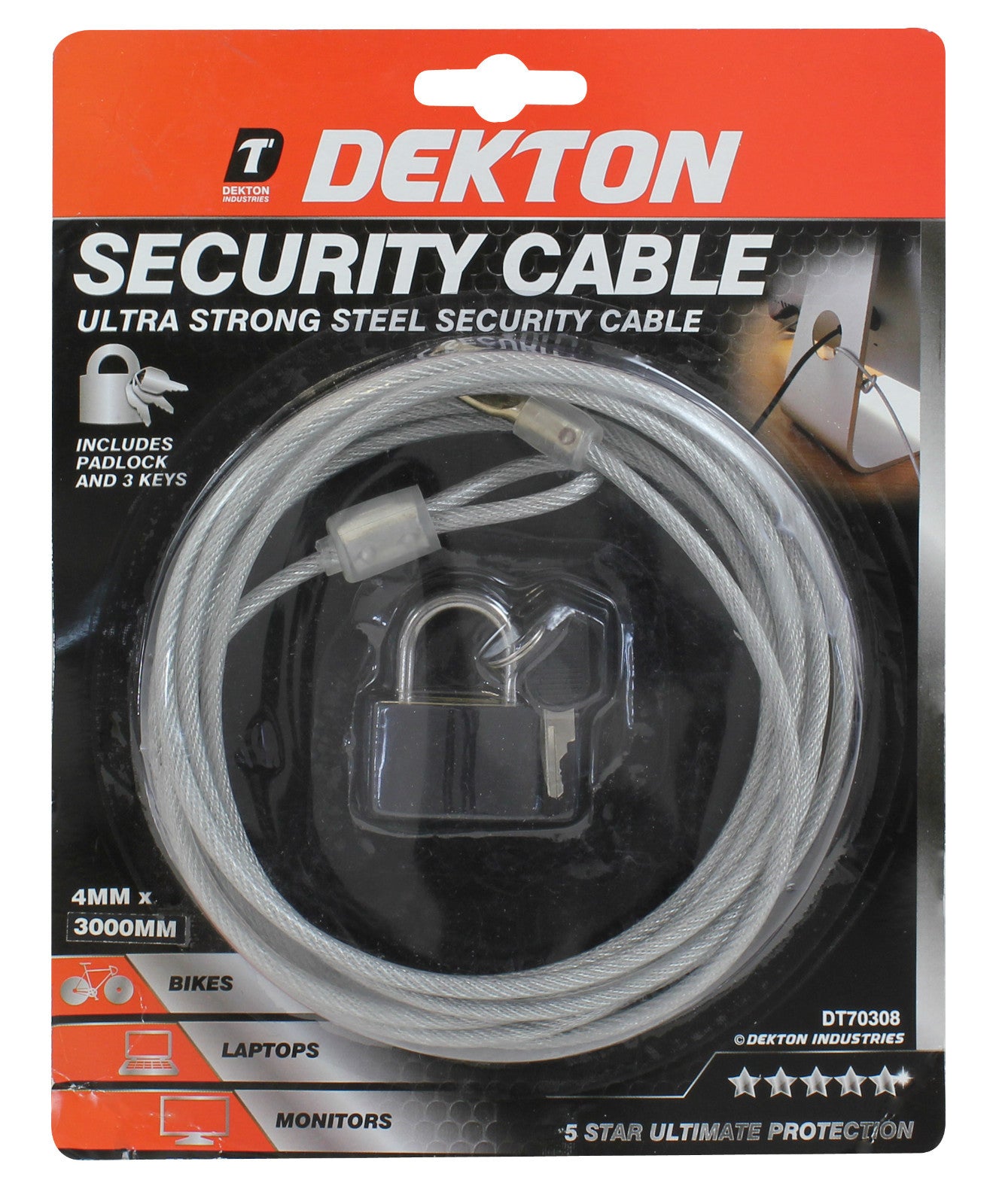 Dekton Security Cable 3m Safe Steel Padlock Lock Bike Cycle Monitor LaptopsOpens