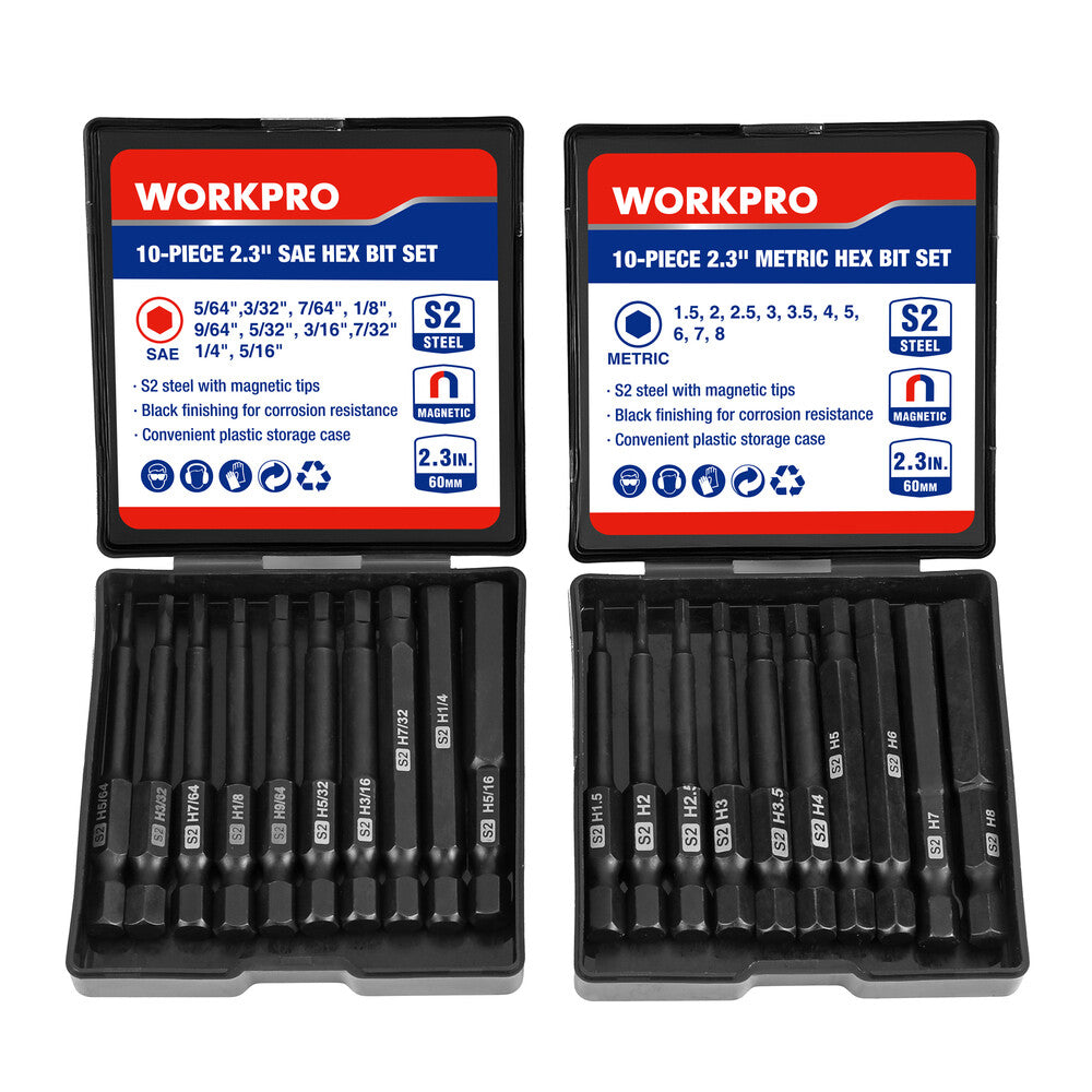 Workpro 20PCS Hex Head Allen Wrench Drill Bit Set Metric and Sae Hex