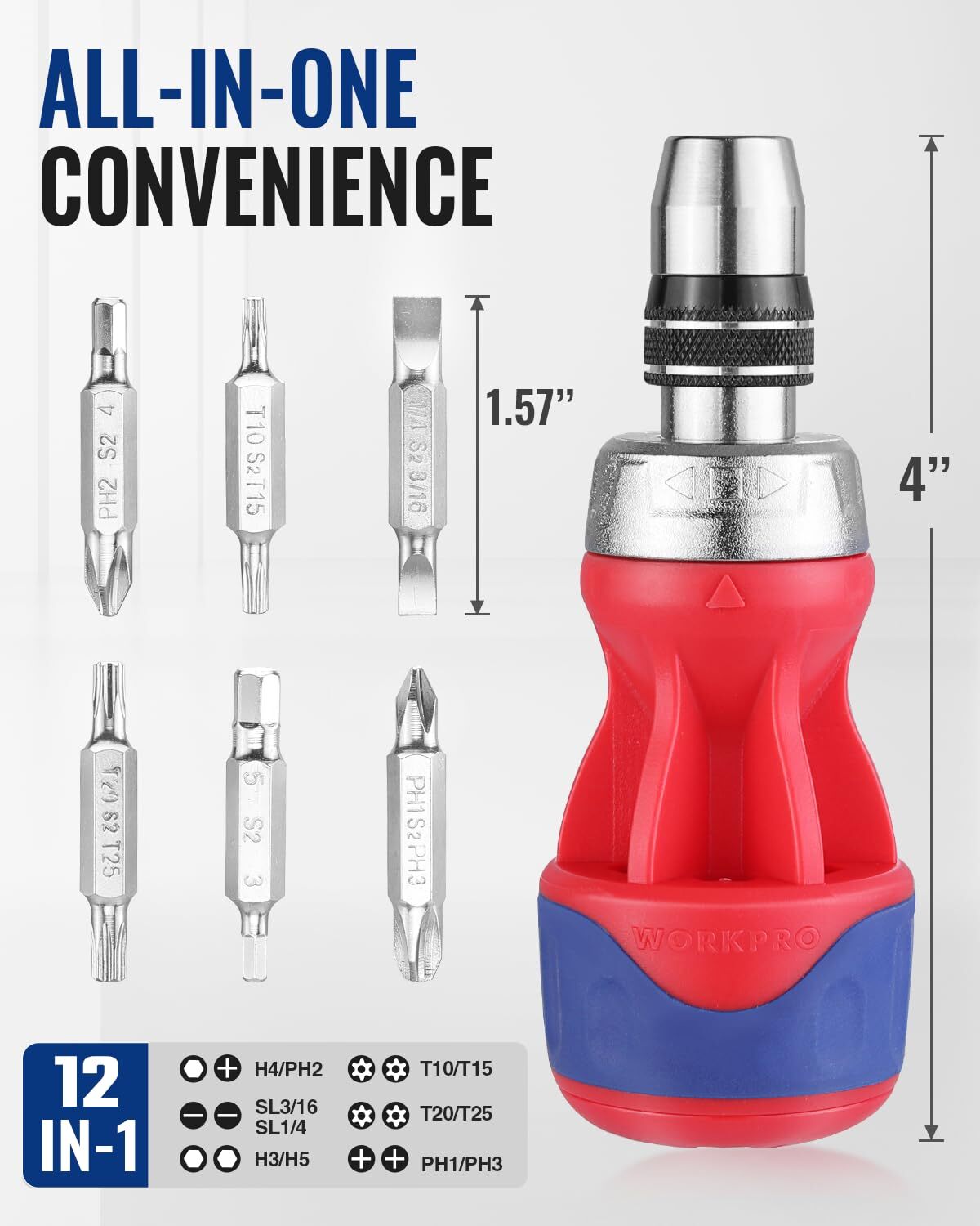 WORKPRO 12-in-1 Stubby Ratcheting Multi-Bit Screwdriver S2 Steel by WORKPRO
