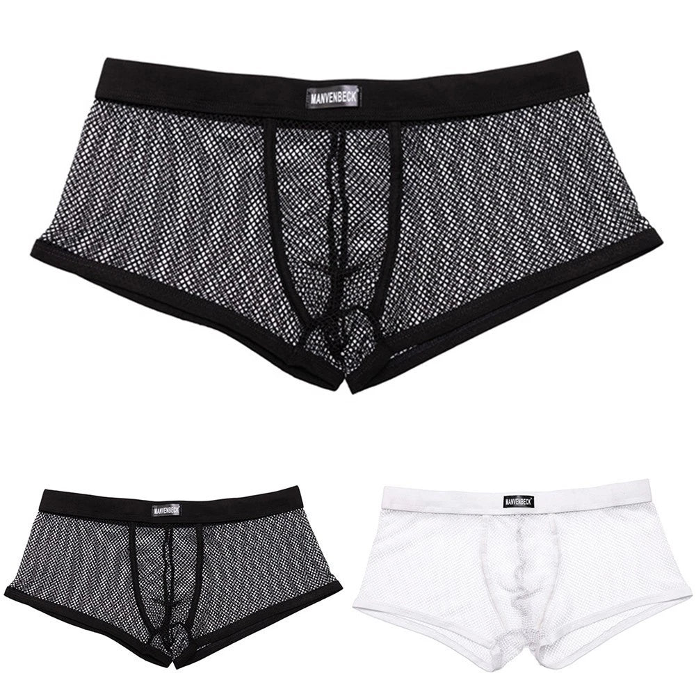 Mens Low Waist Mesh Boxer Trunks Breathable See Through Underwear