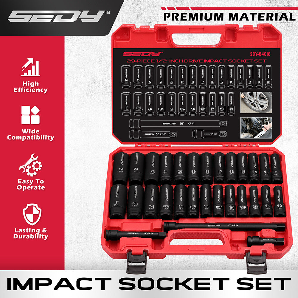 29PCS 1/2" Drive Deep Impact Socket Set with Extension Bars Sae and