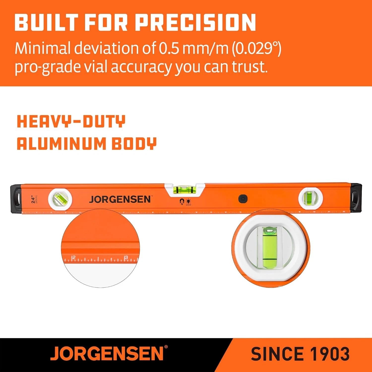 JORGENSEN 24 in Magnetic Torpedo Level Aluminum Spirit Level 45°/90°/180° Bubble