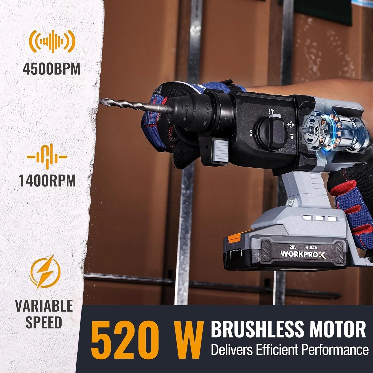 WORKPROX 20V SDS-Plus Cordless Rotary Hammer Drill 7/8" Brushless w/4.0A Battery