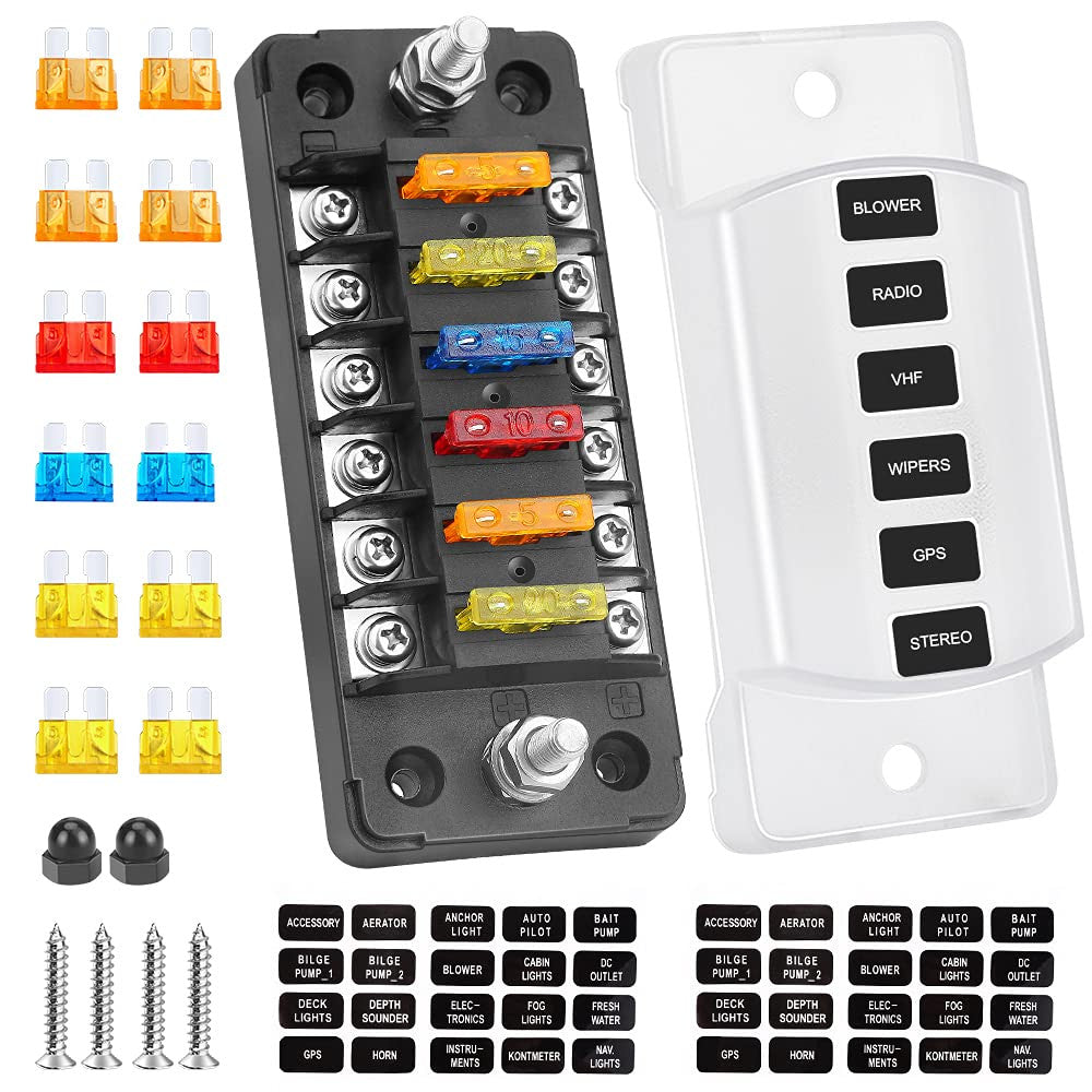 6 Way Fuse Block Blade Fuse Box with Negative Bus, 6 Circuit Fuse