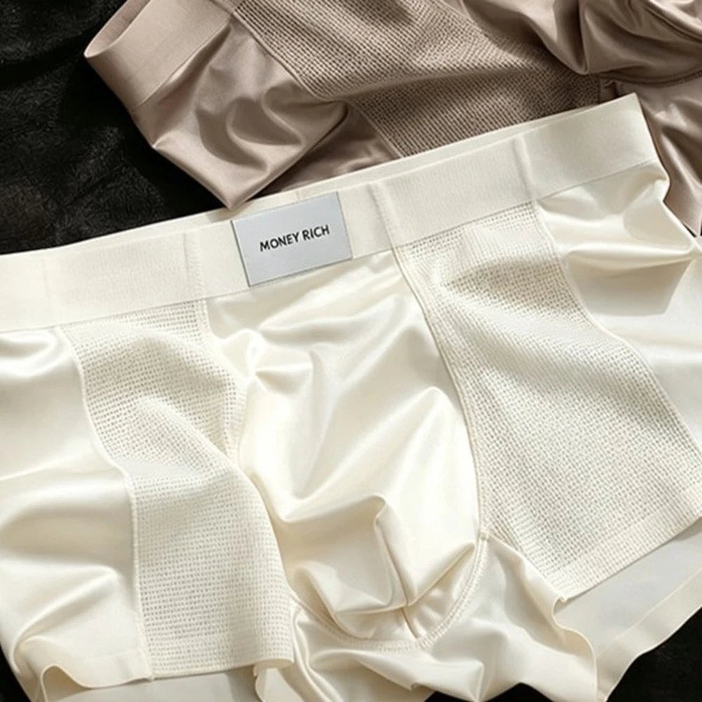 Men Seamless Satin Trunks Ice Silk Boxer Shorts With U Convex Support