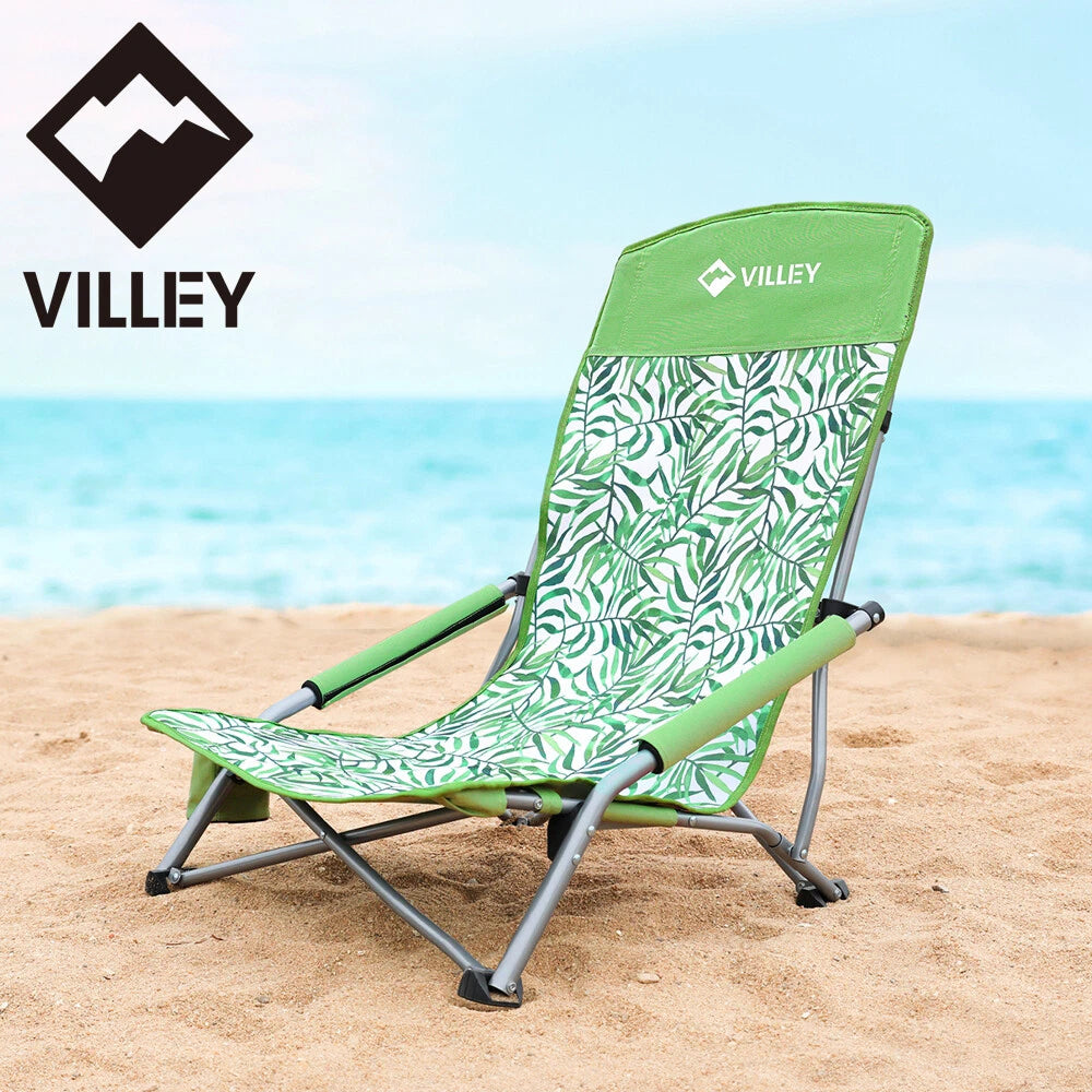 VILLEY Low Beach Chair High Back Folding Beach Chair Cup Holder Carry Bag Green