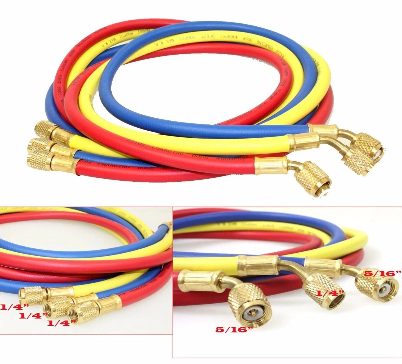 60" Hvac 1/4", 5/16" Sae 800PSI Charging Hoses Hvac 4 R410a Mini