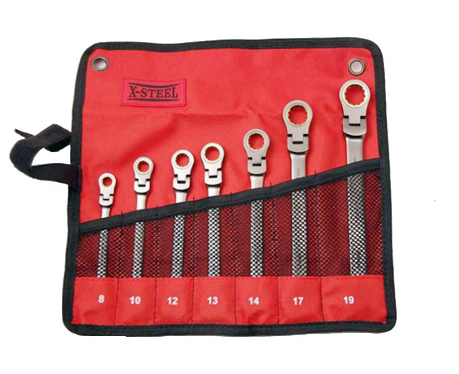 X-Steel Cr-V 7pc Flexible Ratchet Combination Ring Open End Spanner Set(8-19mm)