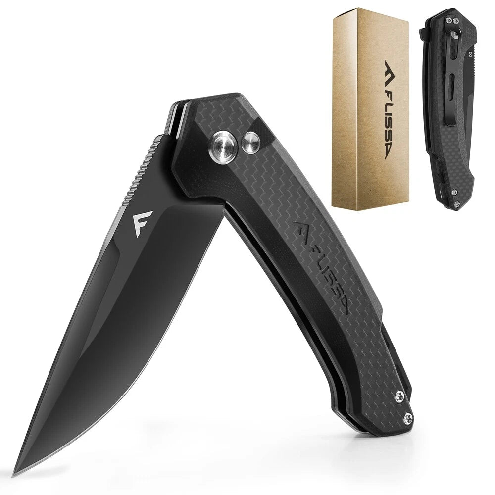 FLISSA 3.2" Folding Pocket Knife Carbon Fiber Handle w/Pocket Clip &amp; Button Lock