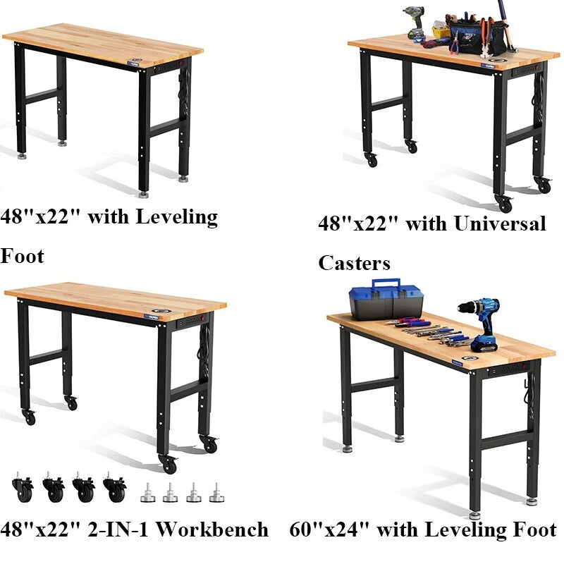 Heavy-duty 48"x22"/60''x2<wbr/>4" Adjustable Workbench Rubber Wood
