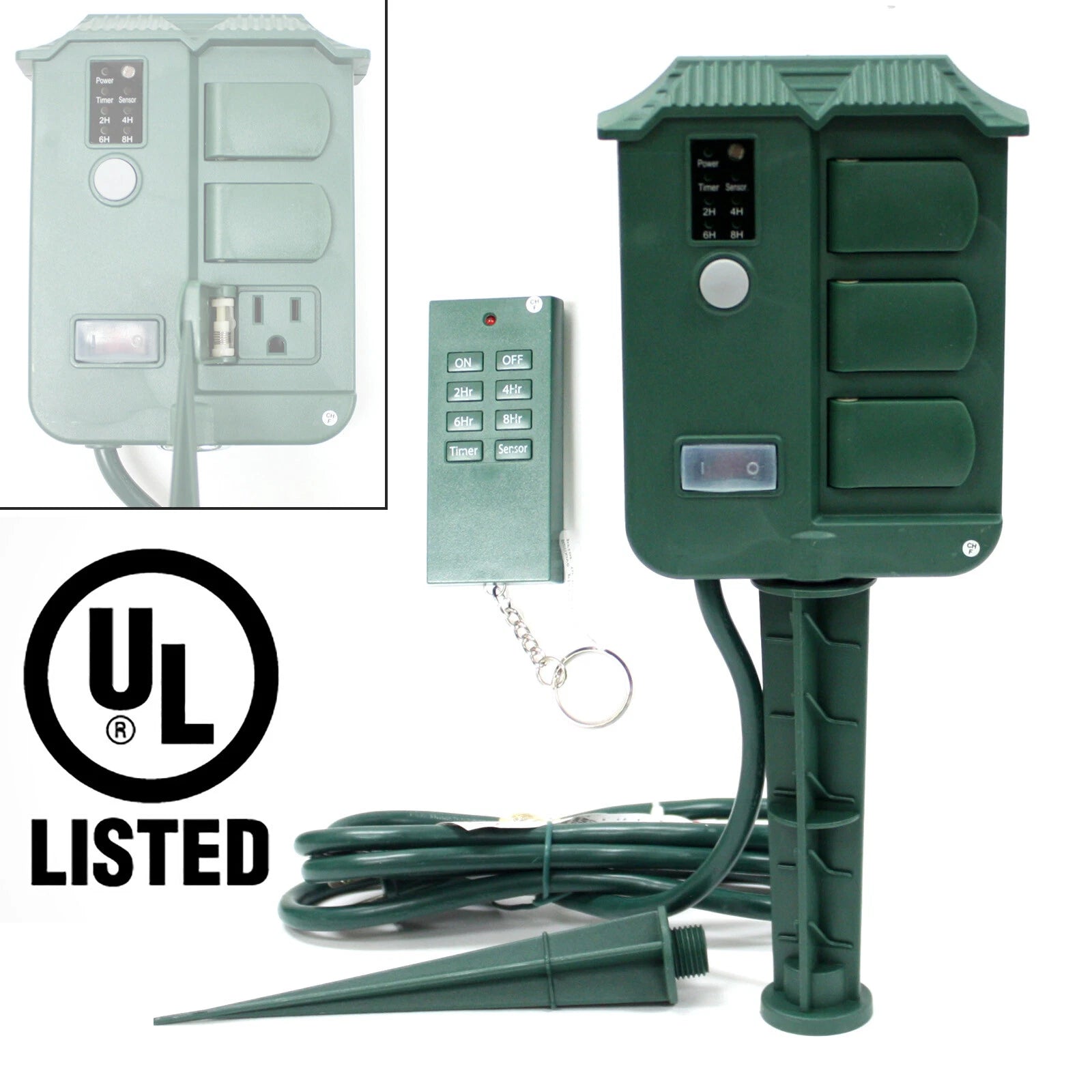 Outdoor Yard Landscape 6 Outlet Stake Remote Control Light Sensor