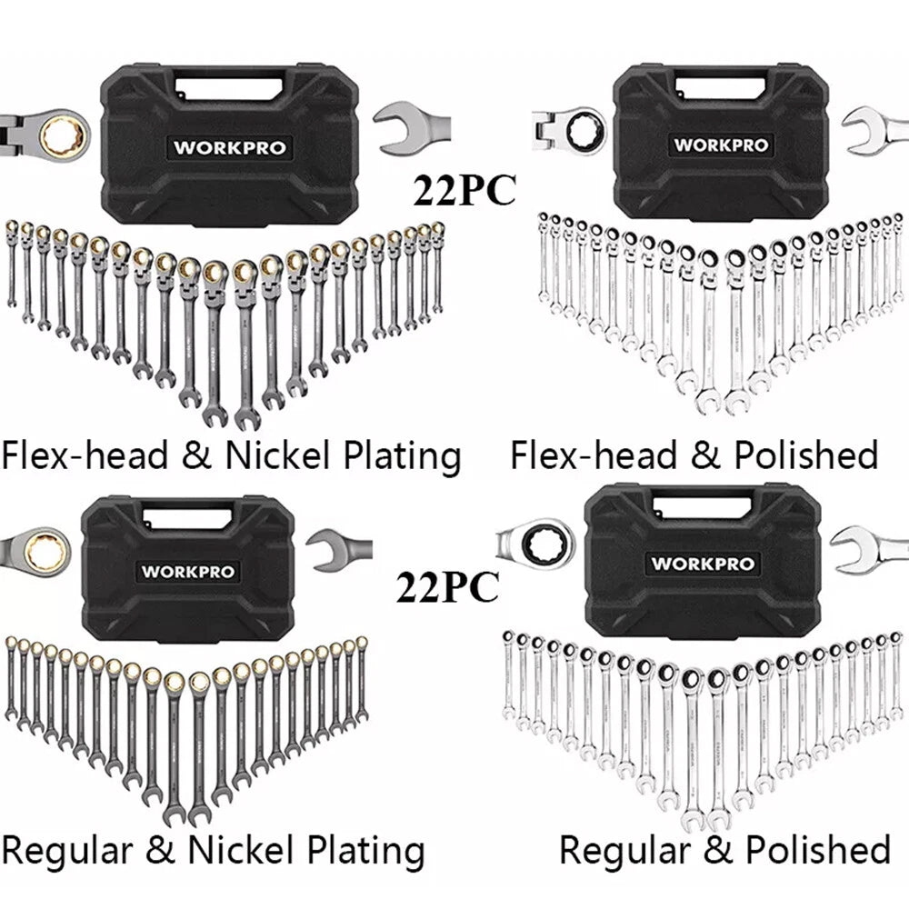 WORKPRO 22PC Regular/Flex-H<wbr/>ead Ratcheting Combination Wrench Set w/Organizer Box