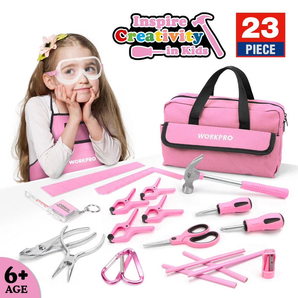 Workpro Pink Kid Tool Kits Pink Home Diy Woodworking Hand Tool W/bag