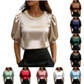 Lantern Sleeve Satin T Shirt For Women Pearl Embellished Round Neck