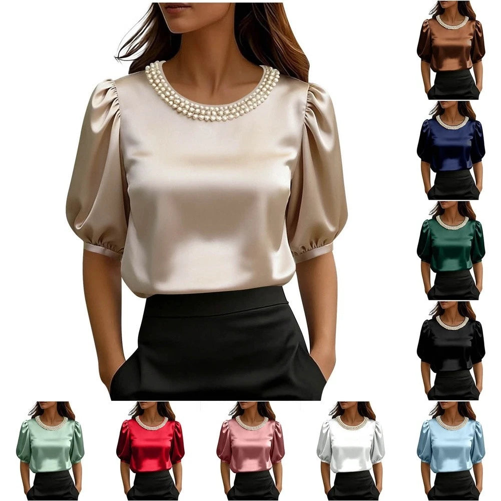 Lantern Sleeve Satin T Shirt For Women Pearl Embellished Round Neck