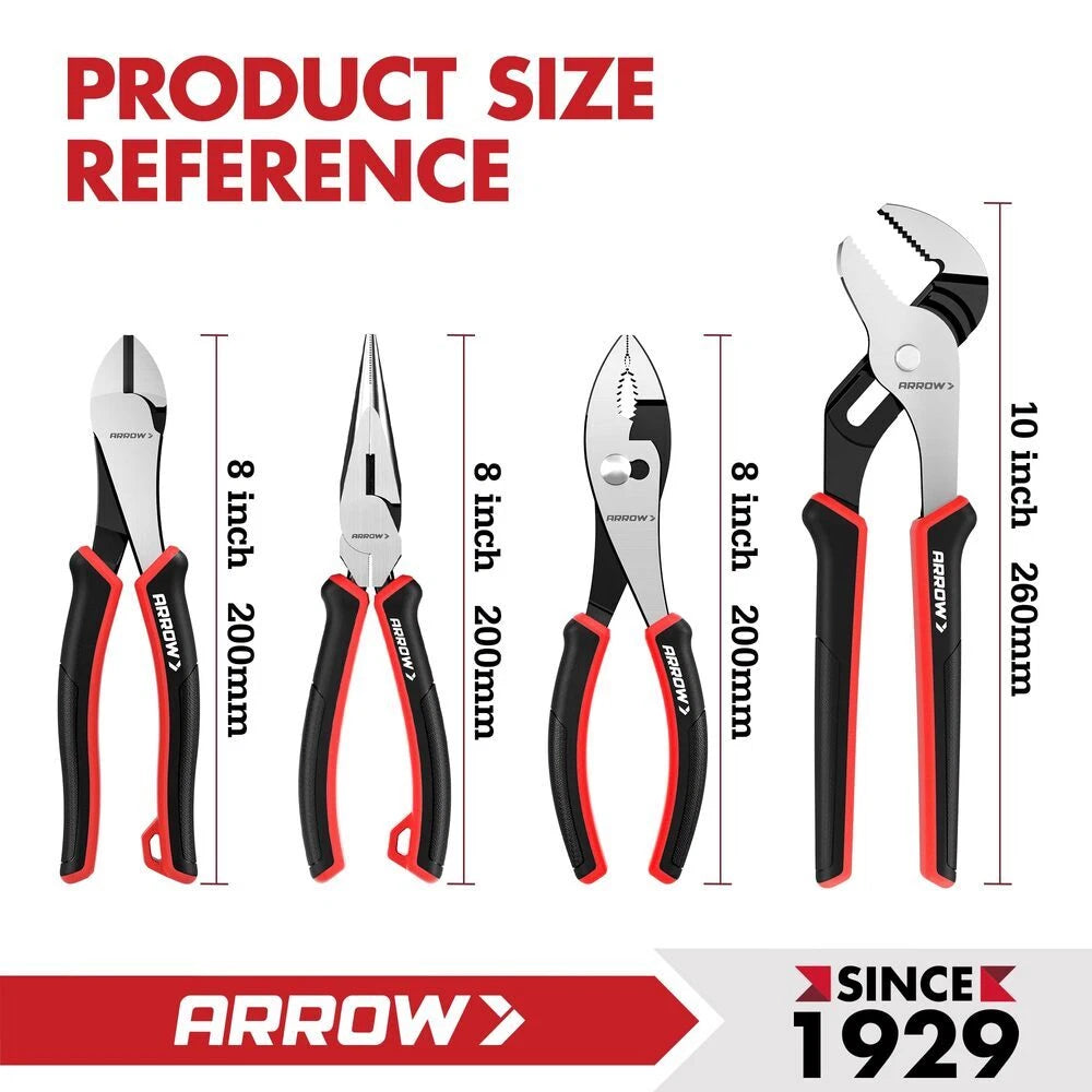 Arrow 4-piece Pliers Set 8" Diagonal Long Nose Slip Joint 10" Groove