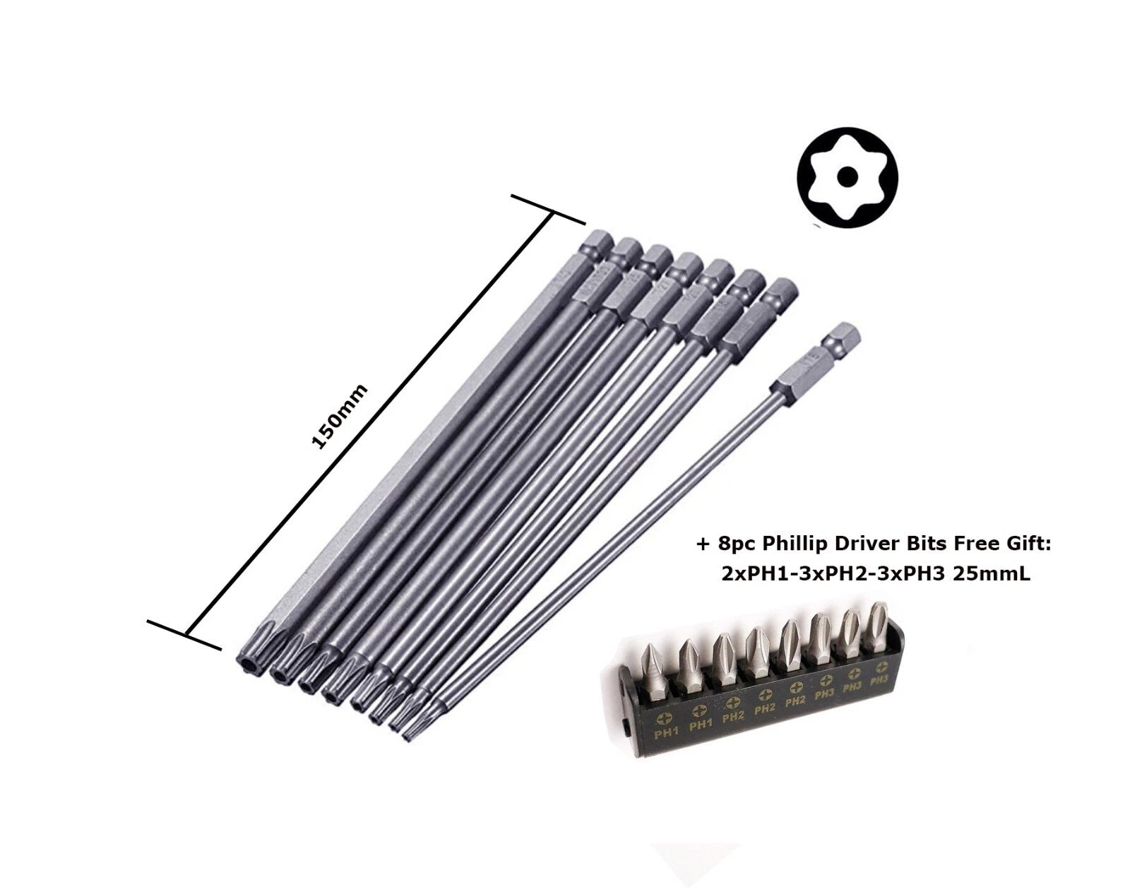 8pc 150mmL T8-T40 S2 Steel Torx Star Security Tamper Proof +8pc Ph Bits Gift