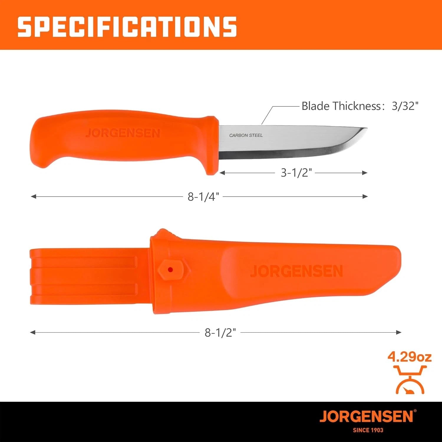 Jorgensen 8.25" Companion Fixed Blade Bushcraft Knife With Sheath For