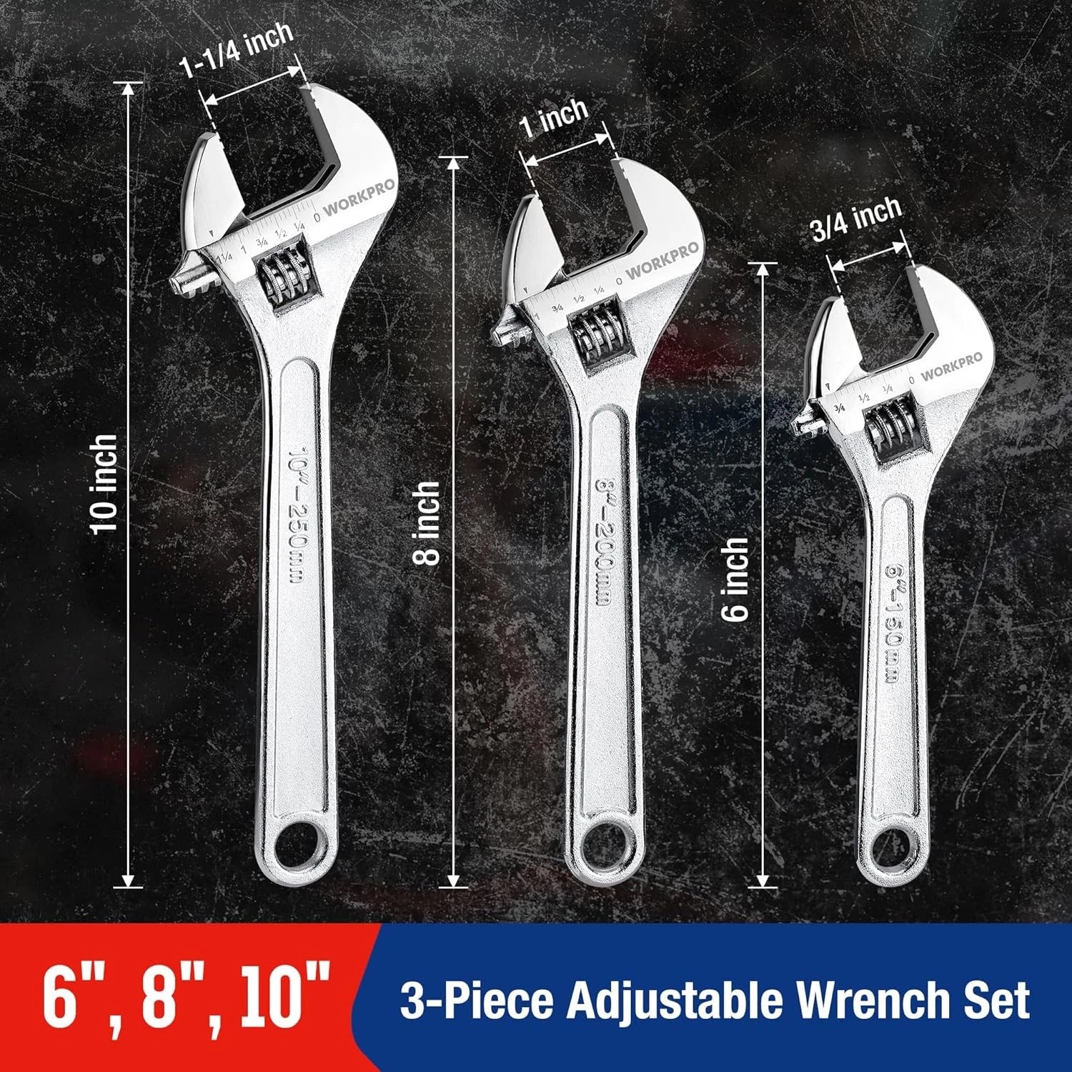 Workpro 3-piece Adjustable Wrench Set Forged Carbon Steel Sae &