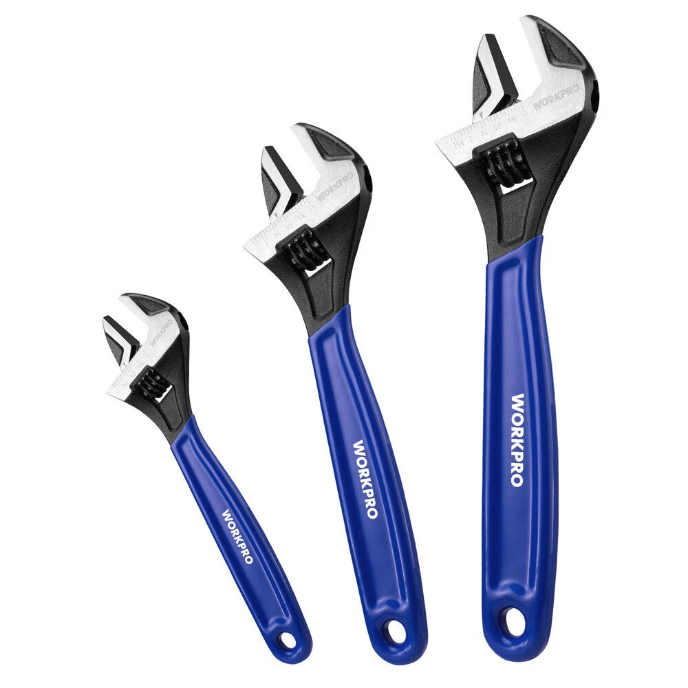 WORKPRO 3-Pieces 6" 8" 10" Adjustable Wrench Set Wide Jaw Black Oxide Metric&amp;SAE