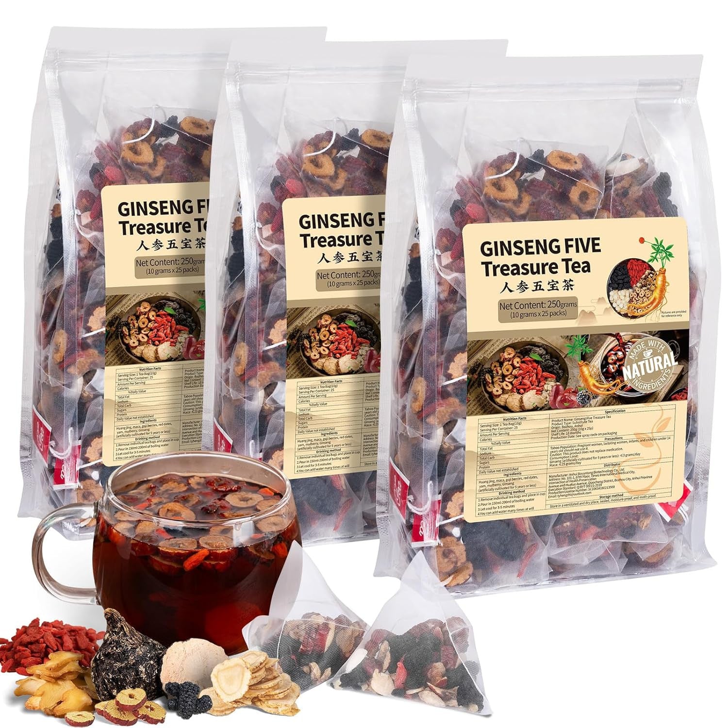Ginseng Five Treasures Kidney Tea, Traditional Chinese Herbal Teabags