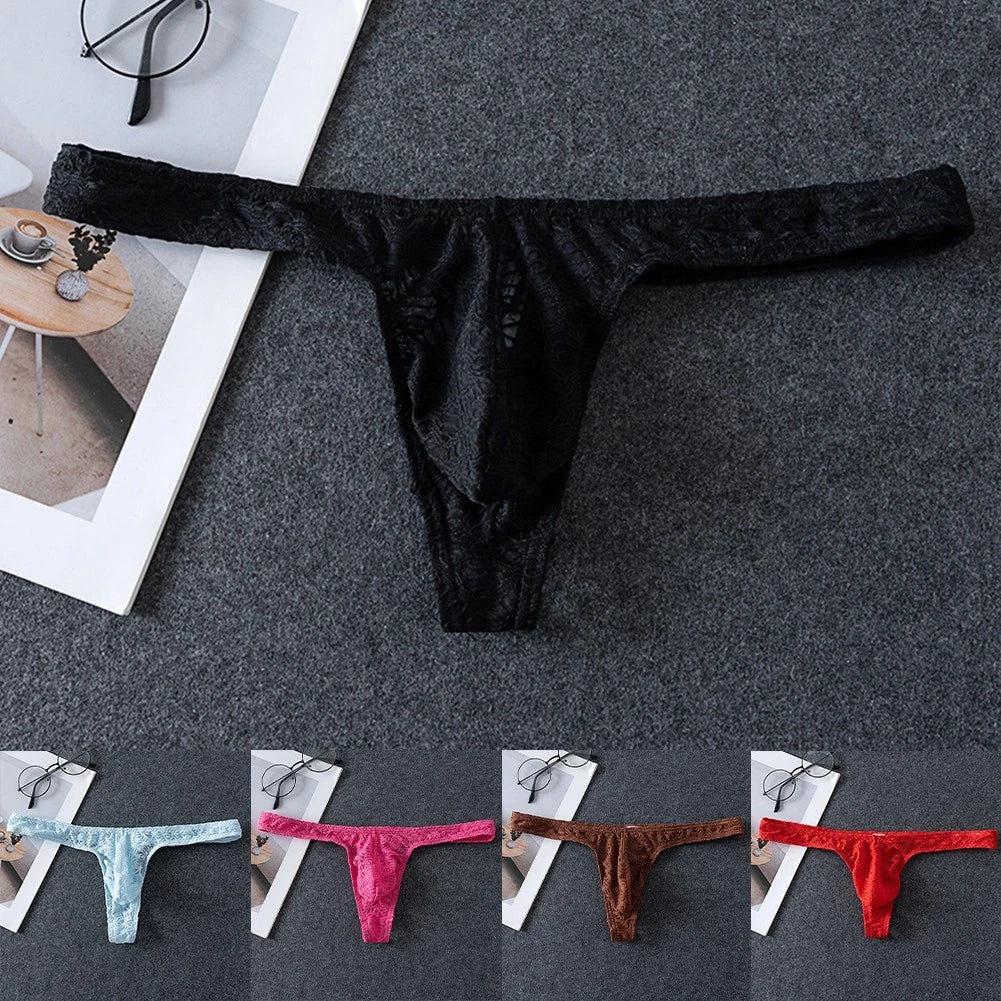 Mens Jacquard Breathable Sheer Thongs G Strings Low Rise Underpants