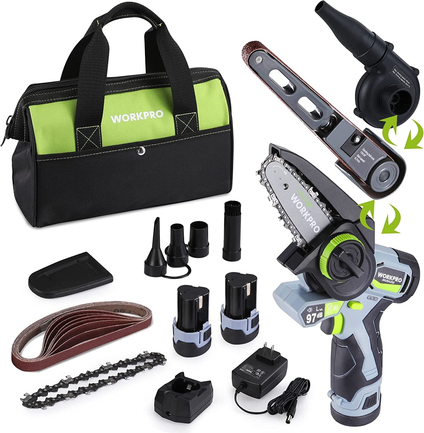 WORKPRO Cordless Detail Belt Sander Mini Chain Saw 3-in-1 Power Tool Combo Kit