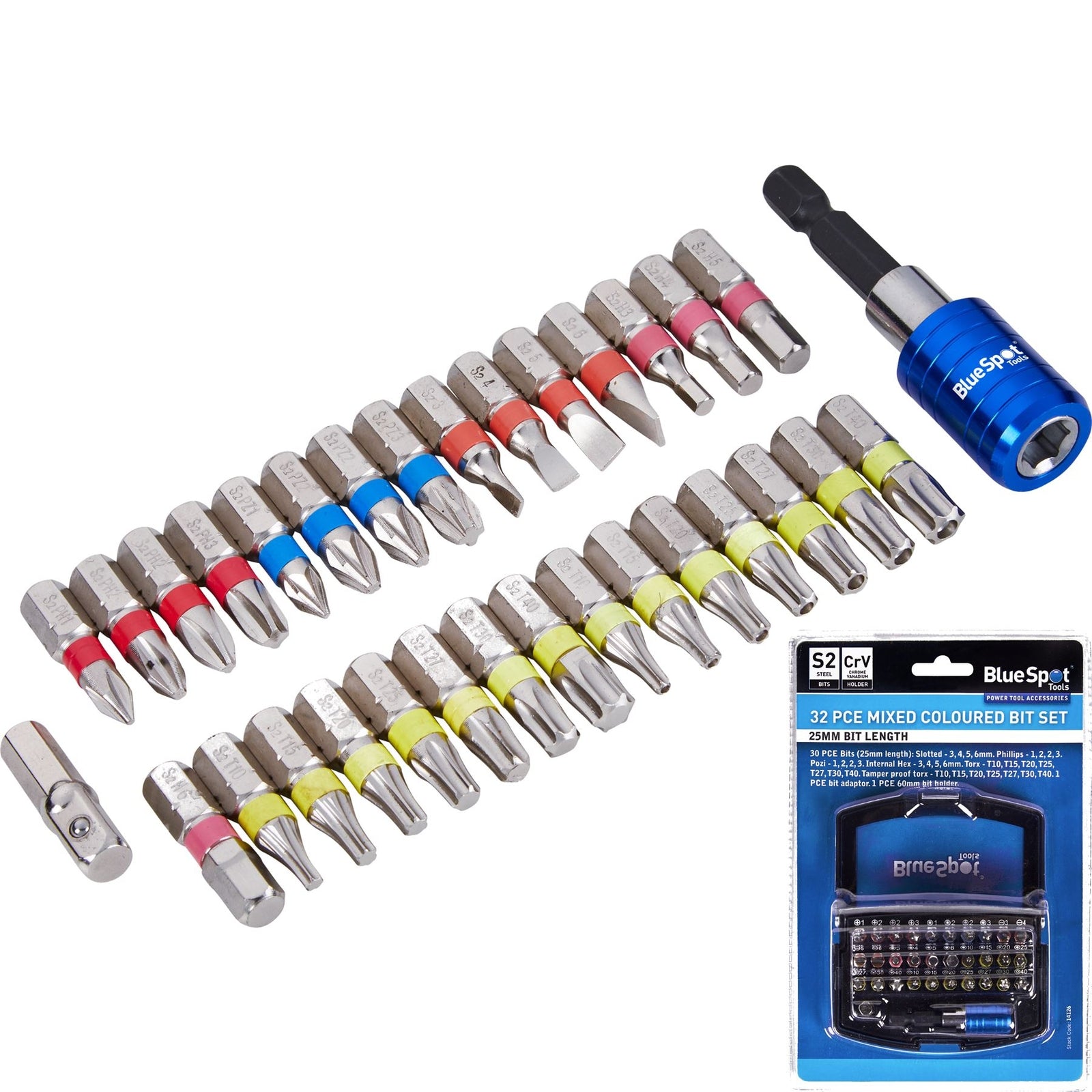 BlueSpot 32pc Mixed Colour Coded Screwdriver Bit Set Phillips Pozi Torx 25mmOpen