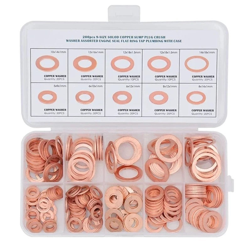 200 Pcs 9 Sizes Solid Copper Washers Sump Plug Seal Set Assorted Kit