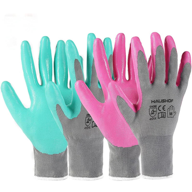 HAUSHOF Garden Gloves Nitrile Coated Working Garden Glove Pink &amp; Green 6 Pairs L