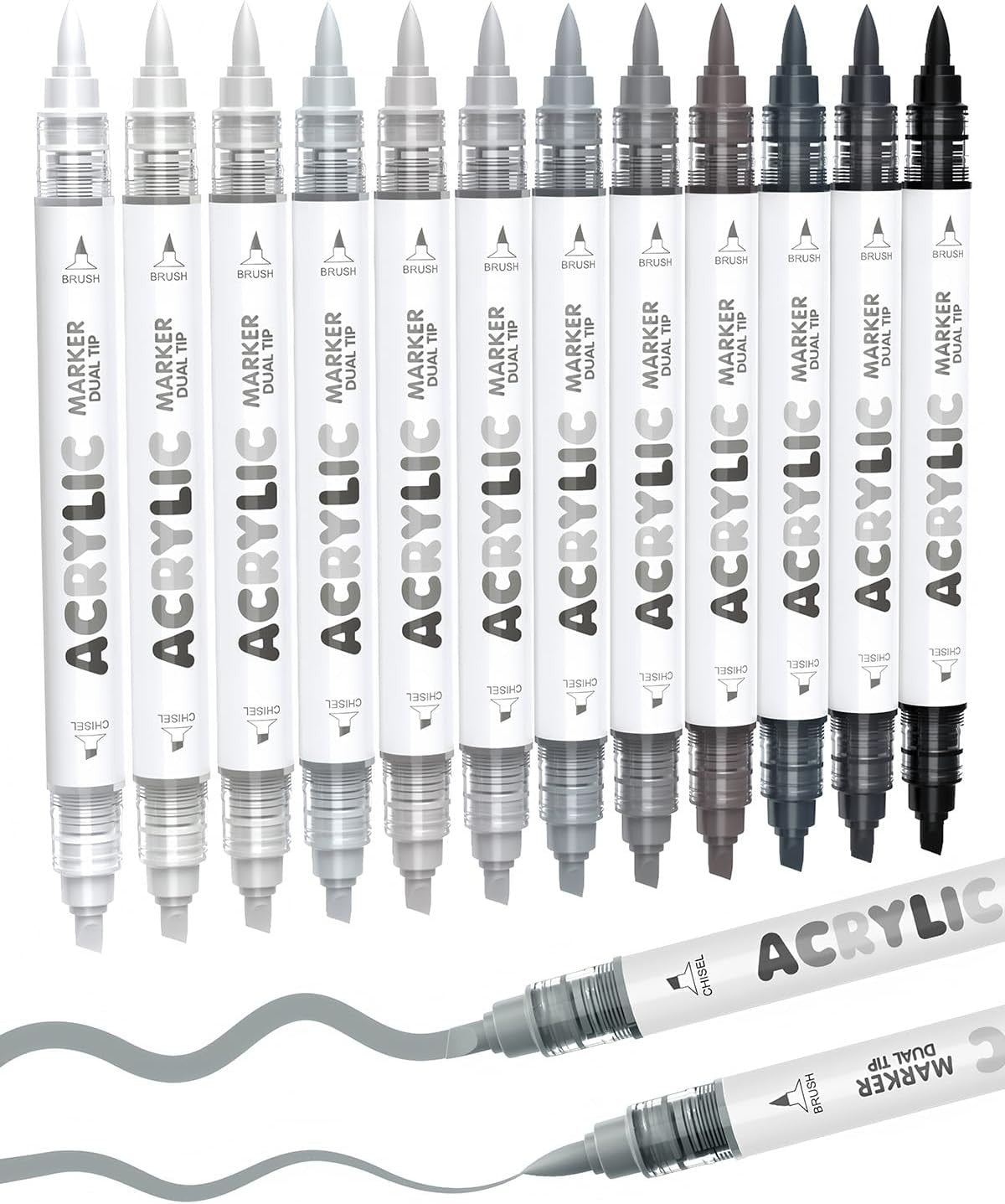 12 Grey Dual Tip Acrylic Paint Markers, Brush Tip & Chisel Tip Acrylic