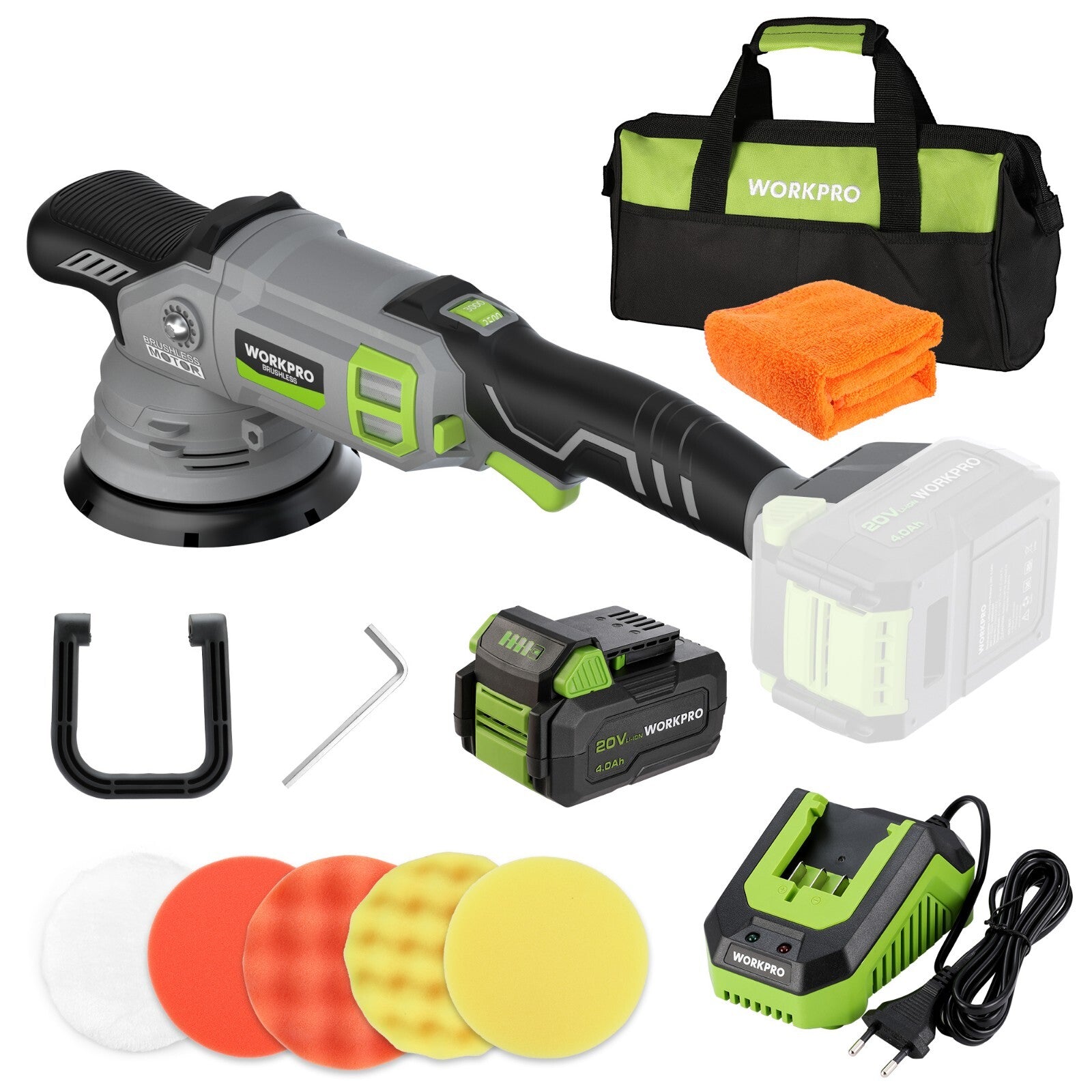 WORKPRO 20V Cordless Buffer Polisher Kit Brushless Dual Action 5000RPM 4.0Ah