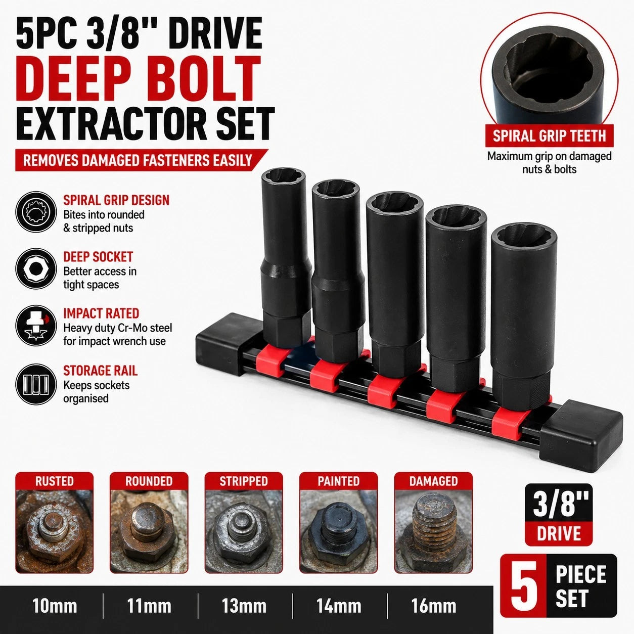 3/8" Dr Deep Bolt Extractor Set Damaged Nut Remover Socket Spiral Grip