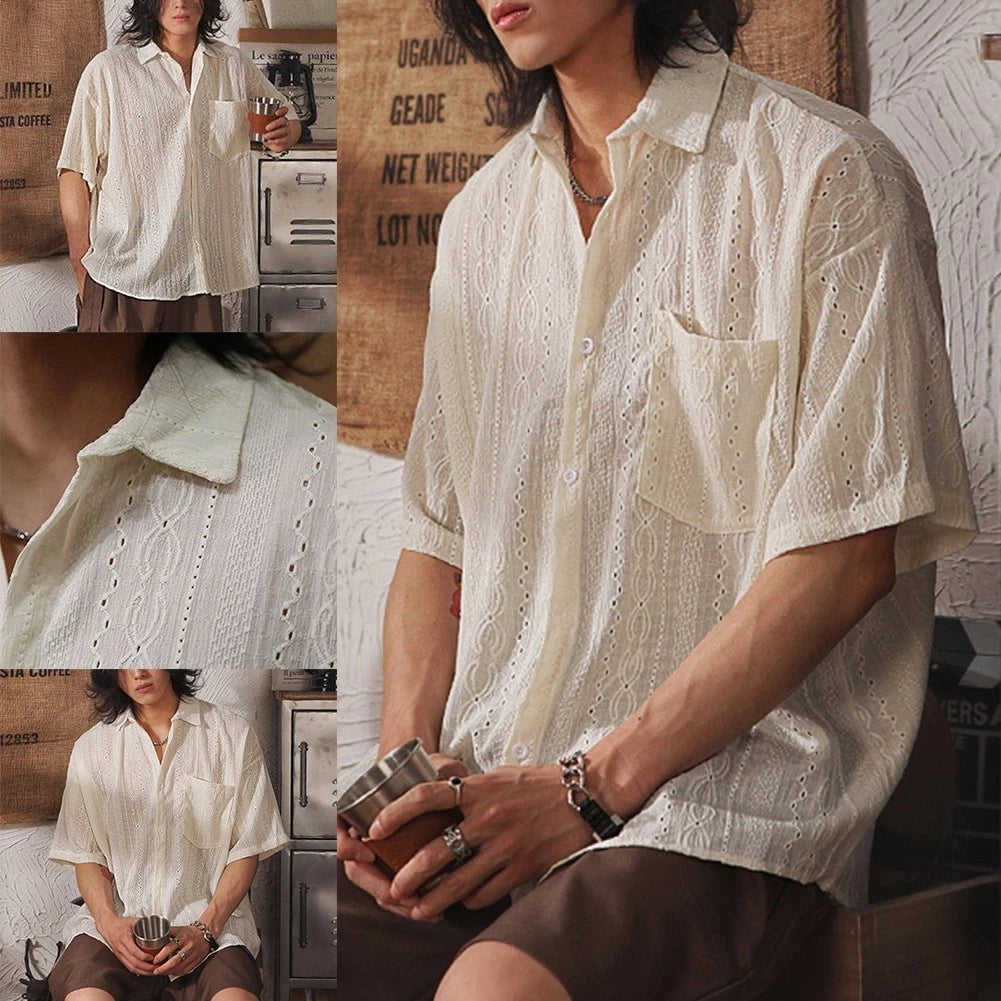 Trendy Retro Fashion Solid Color Tops For Men Hollow Out Short Sleeve