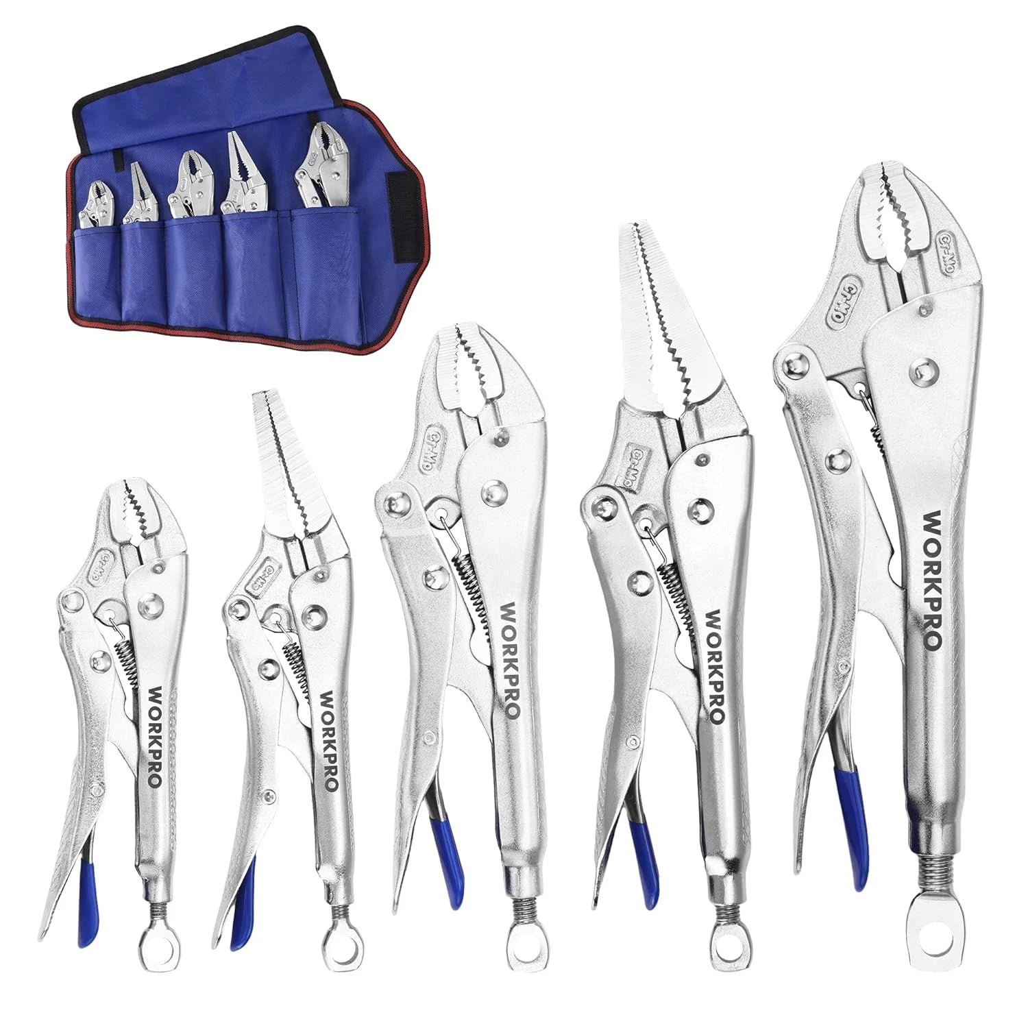 WORKPRO 5PCS Locking Pliers 5"/7"/10" Curved Jaw 6.5"/9.5" Long Nose CR-MO Steel