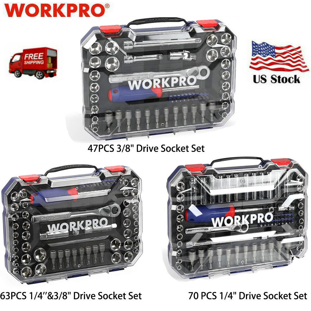 WORKPRO Drive Socket Set with Quick-Release Ratchet Metric and SAE for