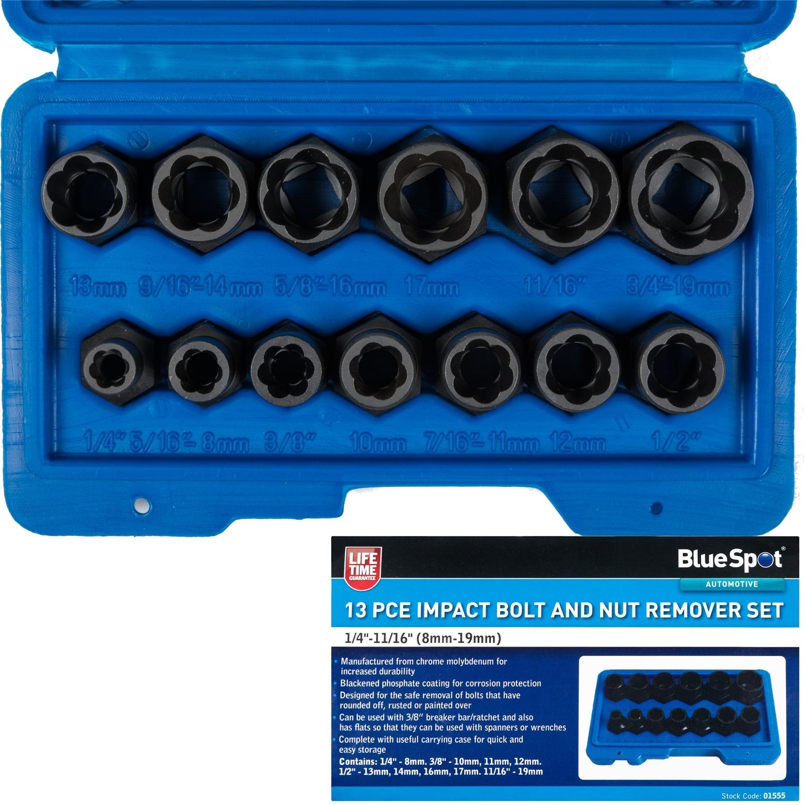Bluespot Impact Stud Socket Extractor Set Damaged Nut Bolt Remover
