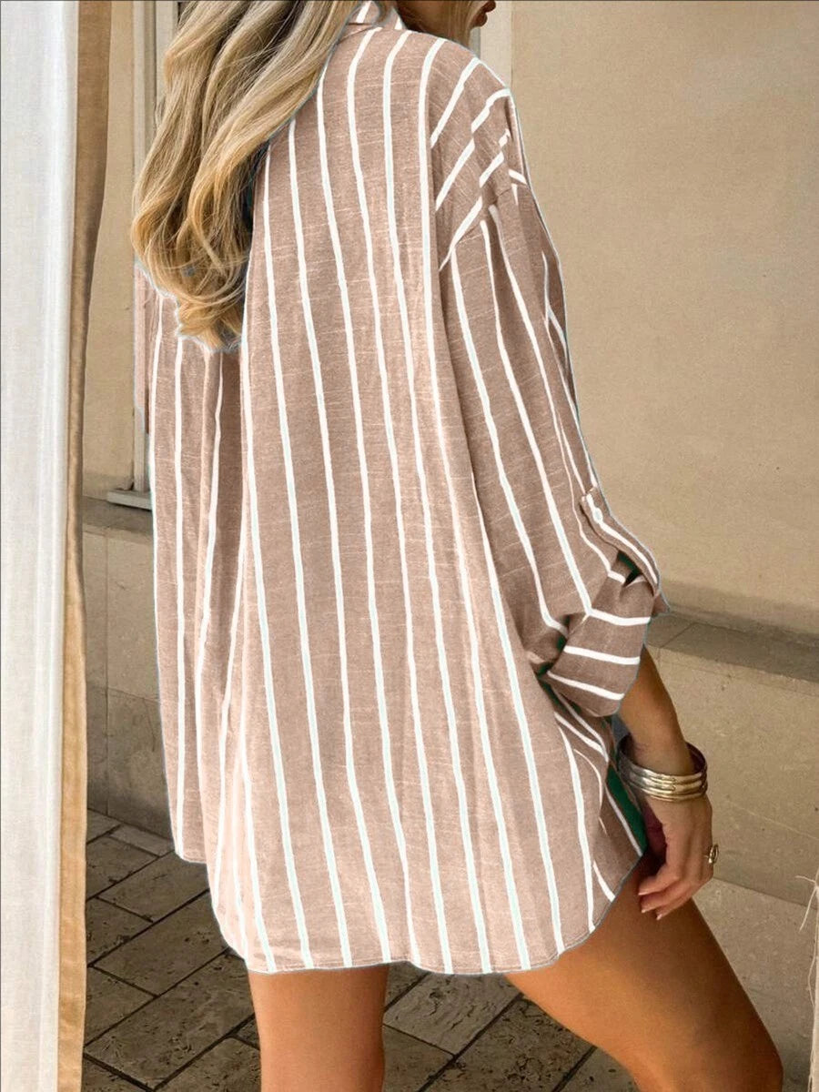 Ladies Striped Casual Shirt With Lapel Detail Long Sleeve Polyester