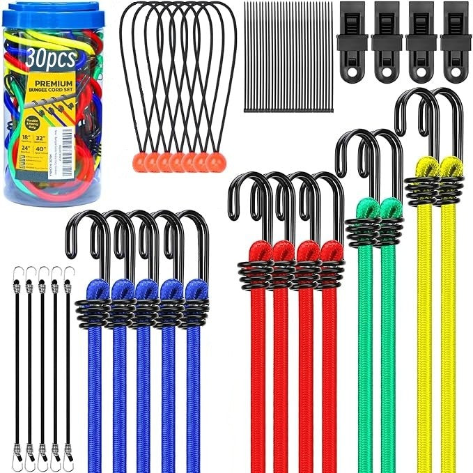 30PC Bungee Cords Set 10" 18" 24" 32" 40" Cable Ties Canopy Tarp Ball