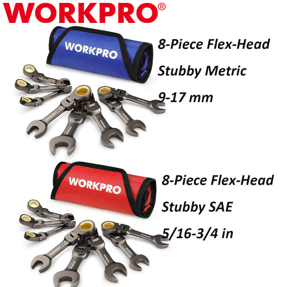 WORKPRO 8PC Flex-Head Stubby Ratcheting Combination Wrench SAE/Metric